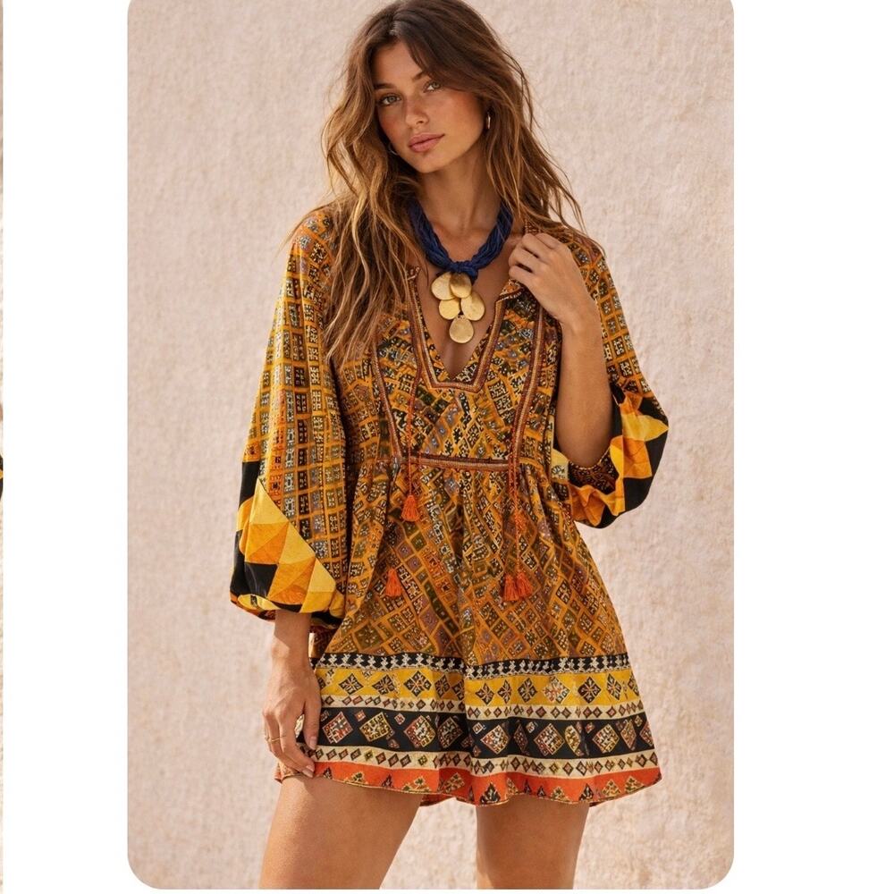 Anthropologie Tanvi Kedia Boho Rayon Mini Dress Geometric Print Small